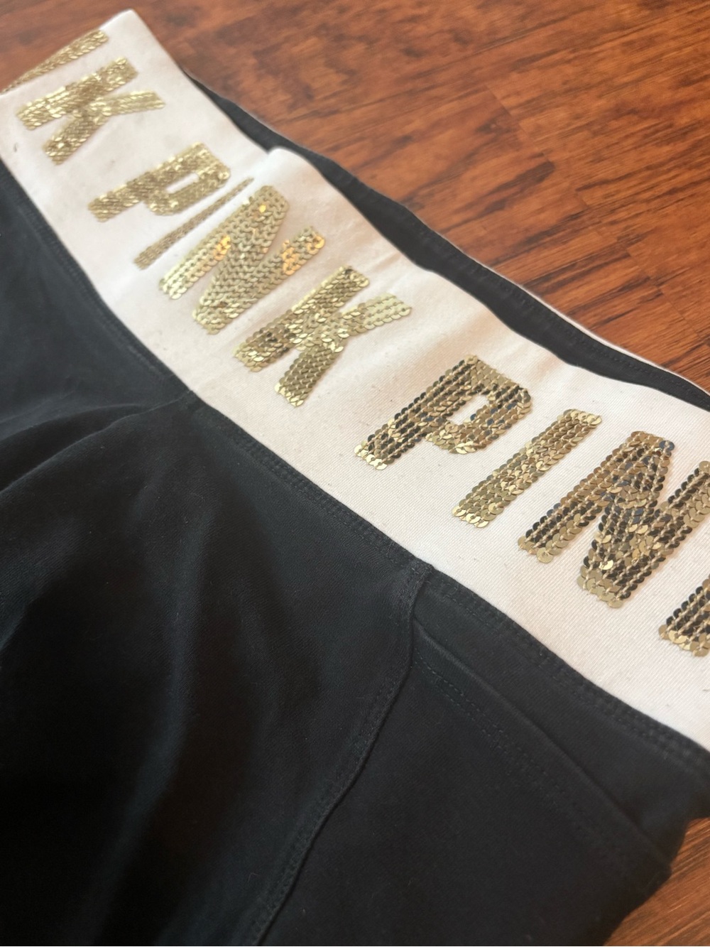 PINK Victoria's Secret Black Leggings with White Waistband and Gold Logo - Picture 3 of 5